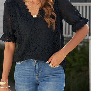 Lace V-Neck Flounce Sleeve Top