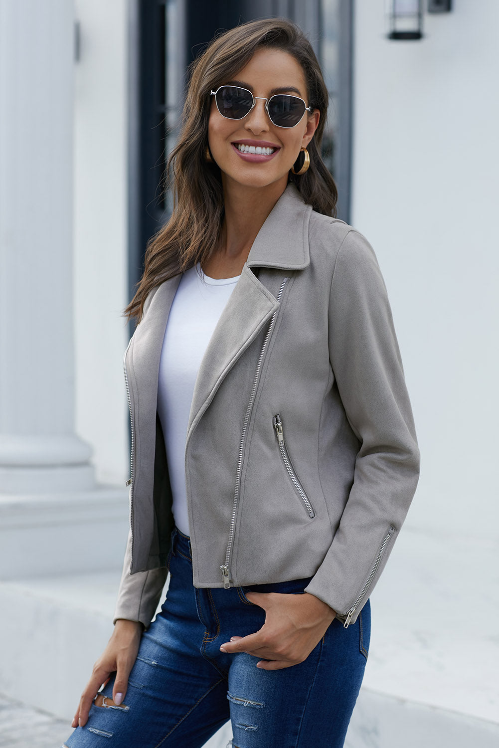 Gray Zipper Detail Moto Jacket