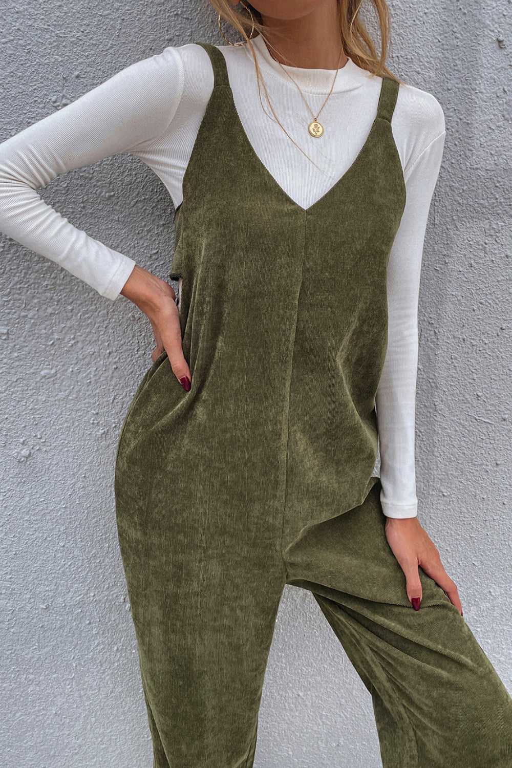 Army Green V-Neck Bow Back Jumpsuit