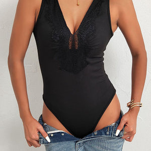 Spliced Lace Deep V Sleeveless Bodysuit
