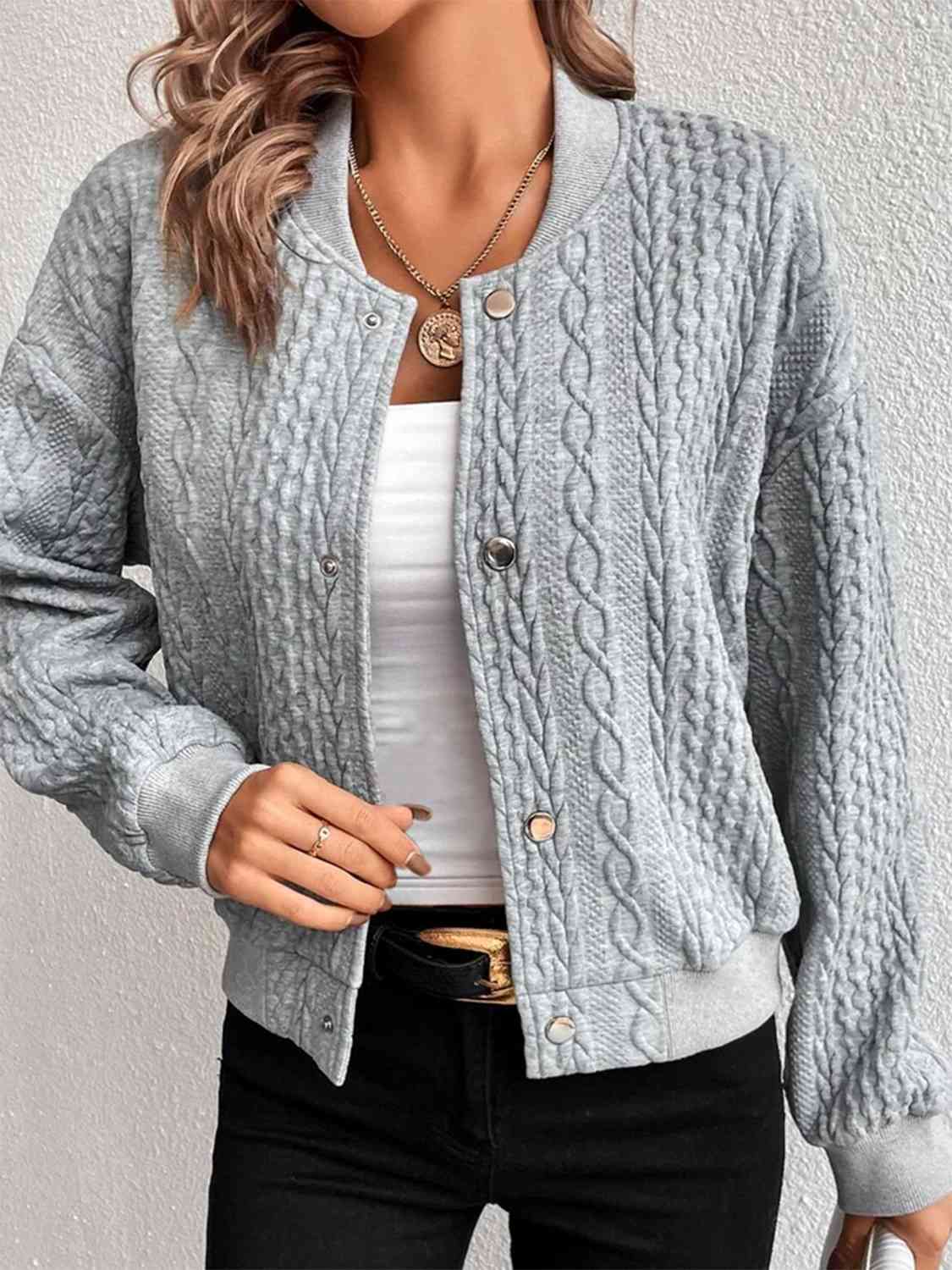 Cable-Knit Snap Down Long Sleeve Jacket
