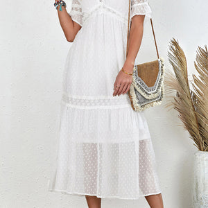 Swiss Dot V-Neck Short Sleeve Midi Dress