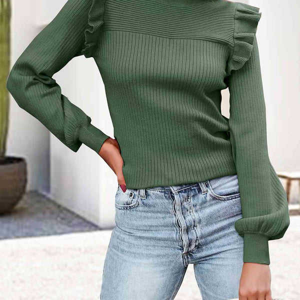 Ribbed Ruffled Round Neck Long Sleeve Knit-Top