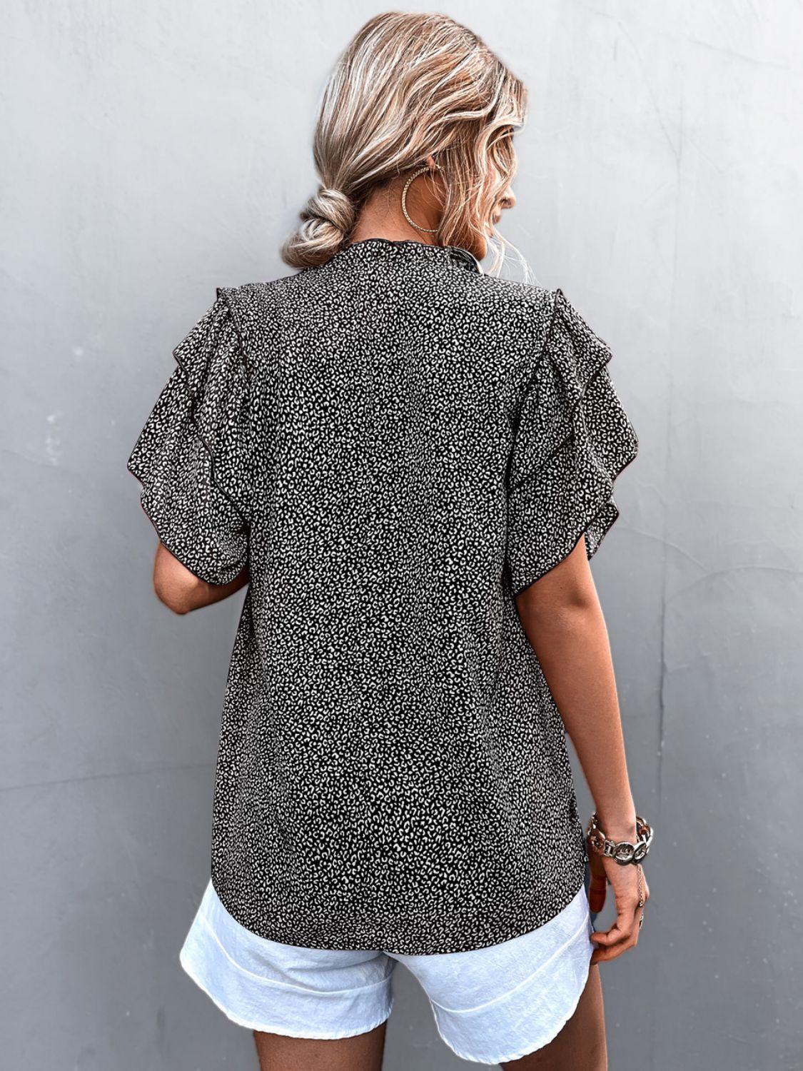 Printed Flutter Sleeve V-Neck Frill Trim Women's Top