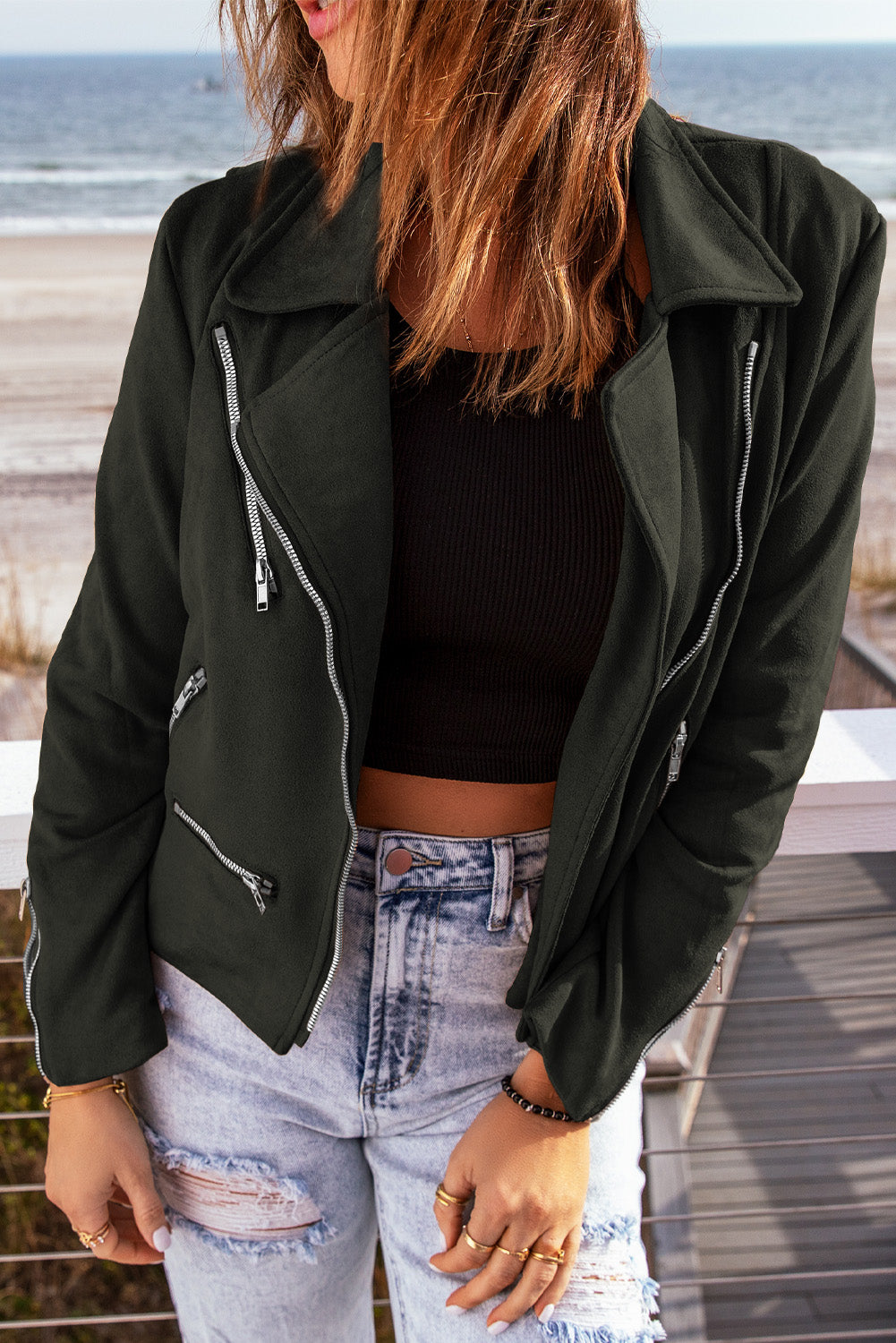 Gray Zipper Detail Moto Jacket