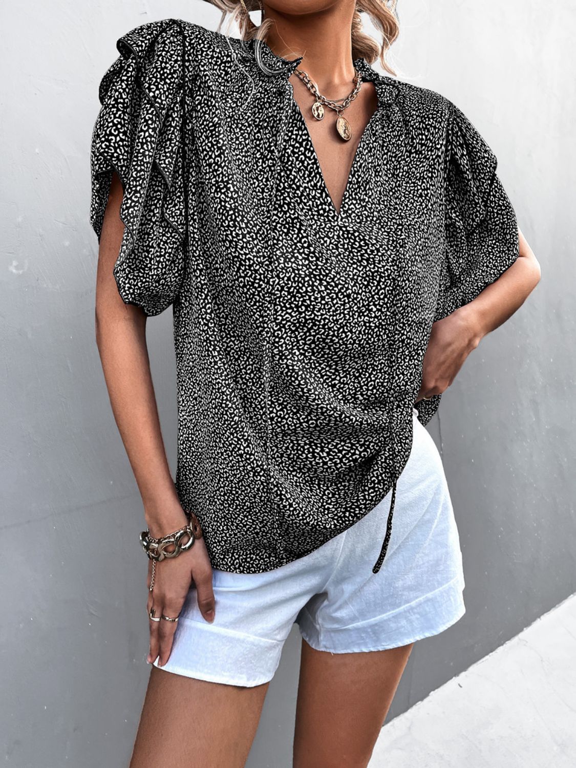 Printed Flutter Sleeve V-Neck Frill Trim Women's Top