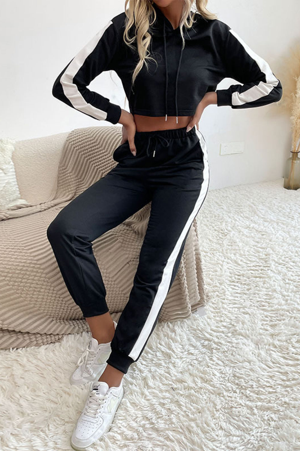Black Side Stripe Cropped Hoodie and Jogger Set