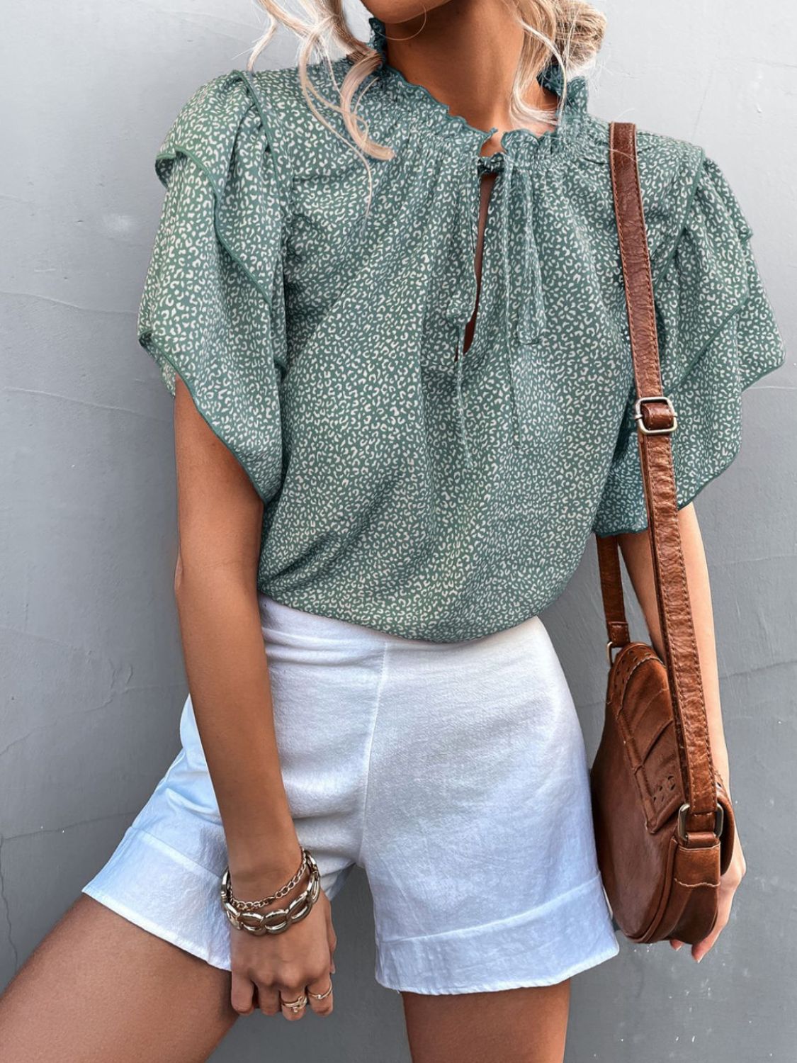 Printed Flutter Sleeve V-Neck Frill Trim Women's Top