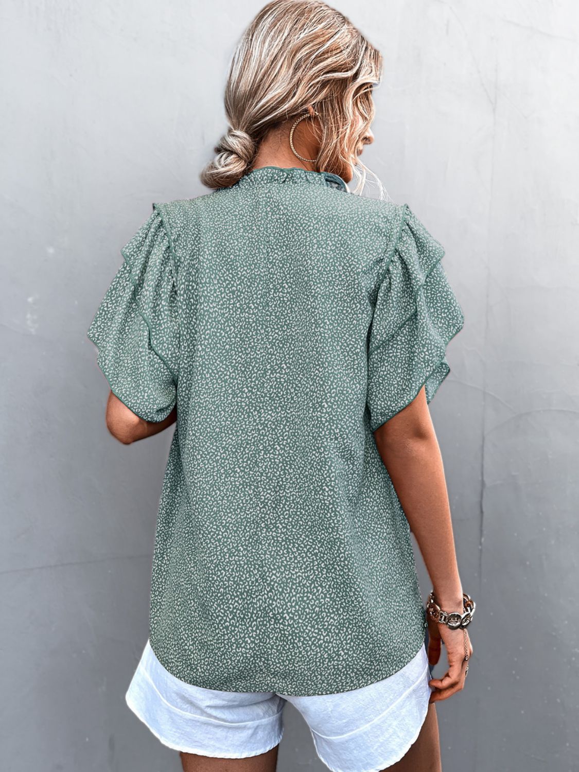 Printed Flutter Sleeve V-Neck Frill Trim Women's Top