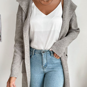 Ribbed Open Front Hooded Cardigan with Pockets
