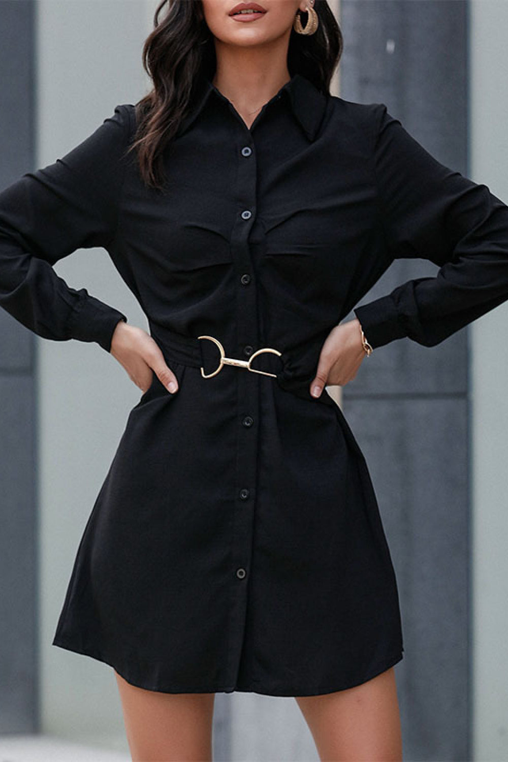 Black Belted Mini Shirt Dress