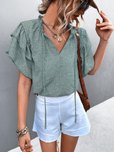 Printed Flutter Sleeve V-Neck Frill Trim Women's Top