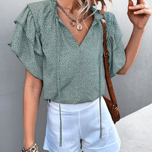 Printed Flutter Sleeve V-Neck Frill Trim Women's Top